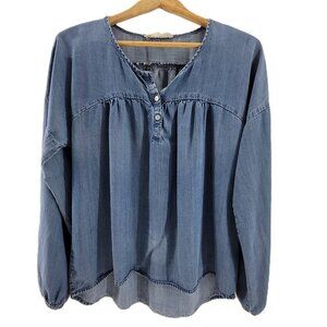 Lovestitch Top Womens M Blue Relaxed Smocked Shirt Soft Tencel